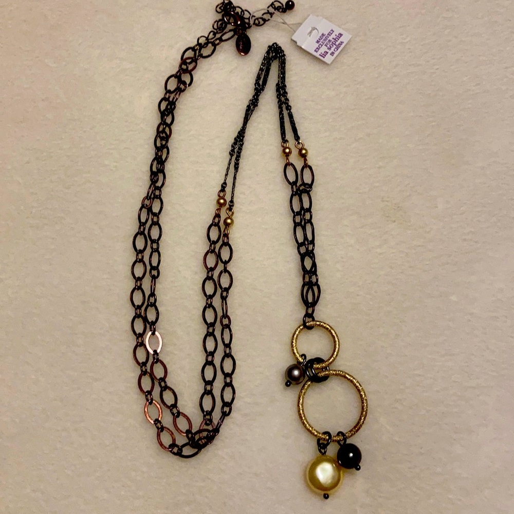 Nwt Lia Sophia 20” bronze chain necklace with 2 gold hoop & black/gold drops